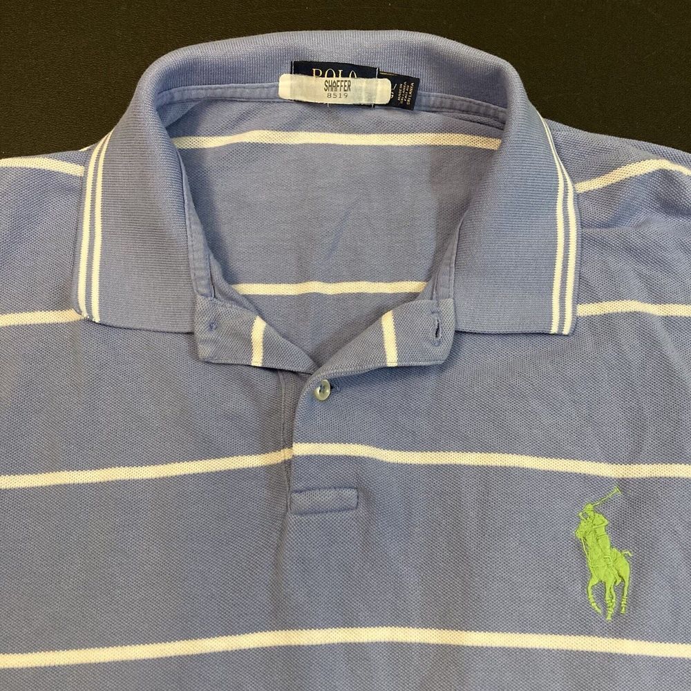 POLO Ralph‎ Lauren Men's 2XL Lime Green Big Pony Short Sleeve Blue Stripe Shirt
